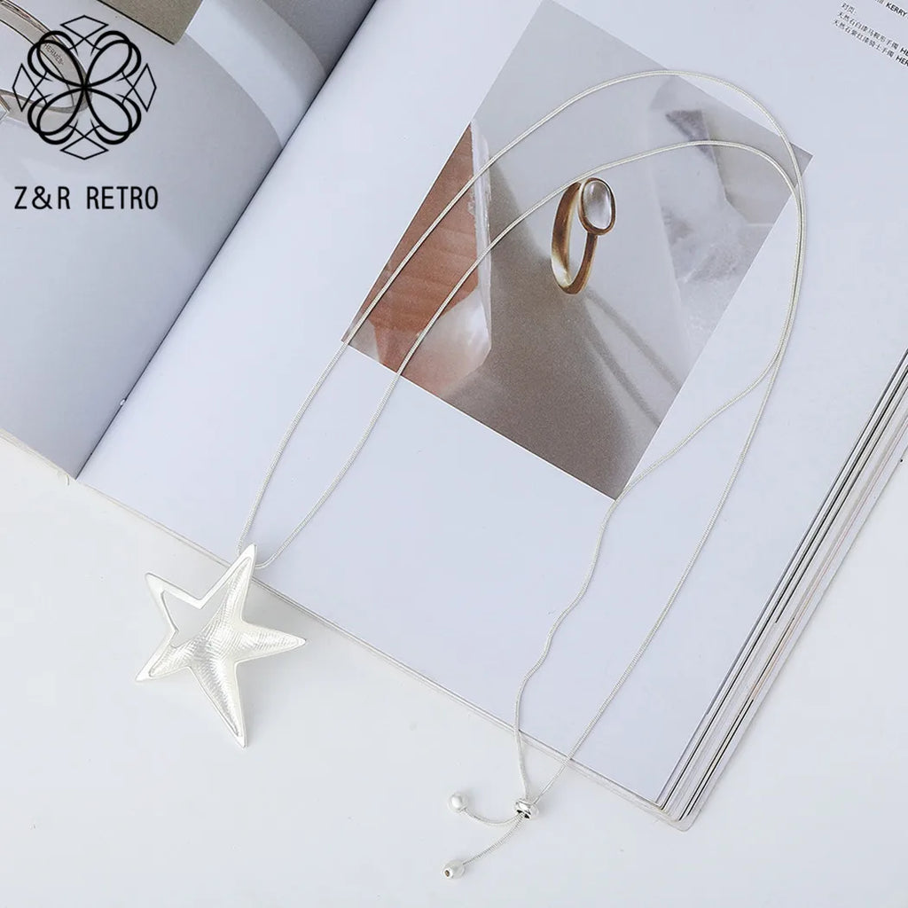 Silver Star Necklace for Women Long Chain Jewelry Goth