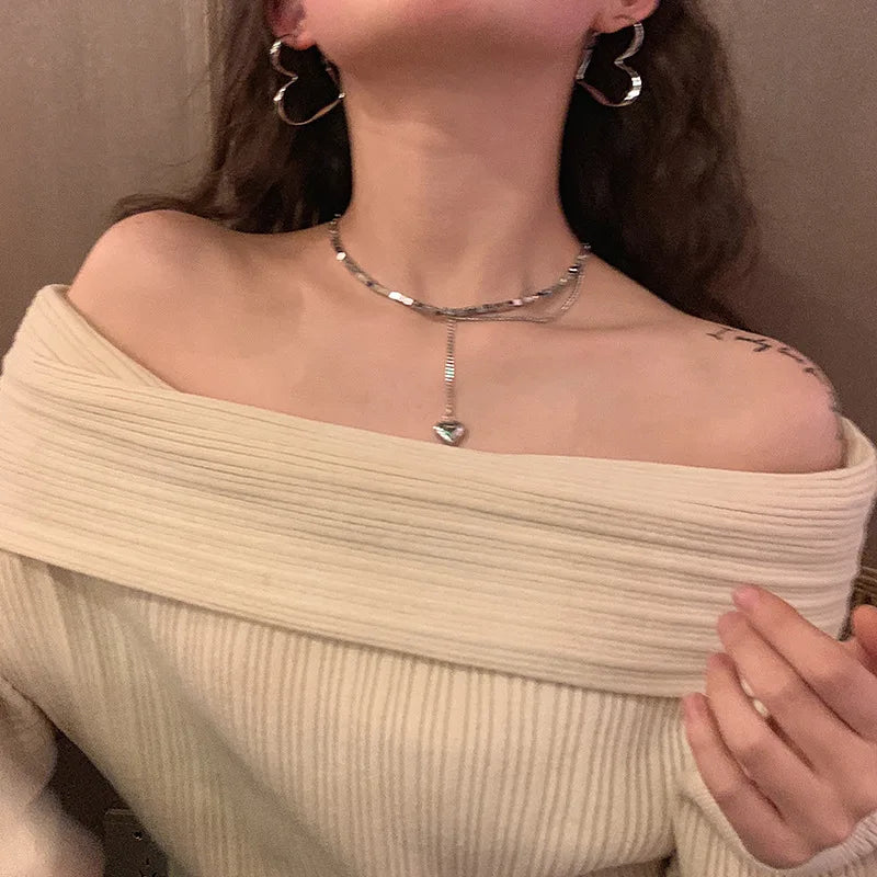 Silver Tassel Heart Short Chain Necklace Love Heart Pendant Choker