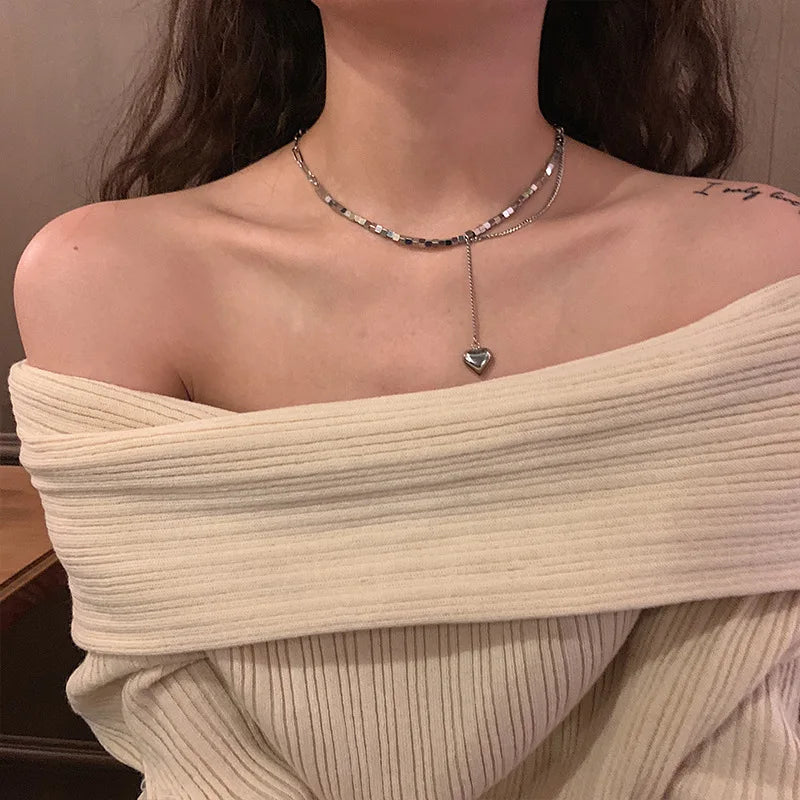 Silver Tassel Heart Short Chain Necklace Love Heart Pendant Choker