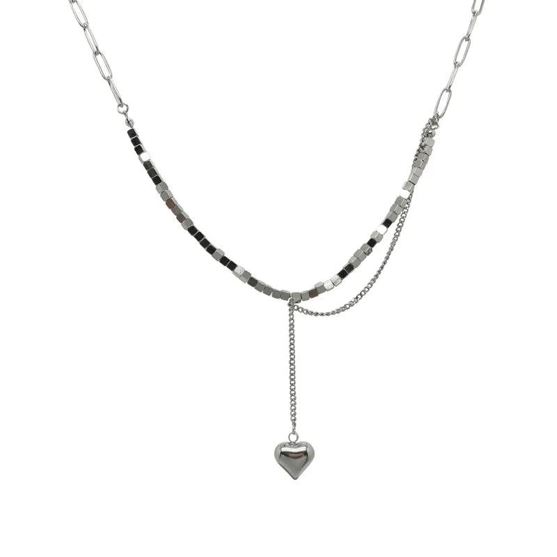 Silver Tassel Heart Short Chain Necklace Love Heart Pendant Choker