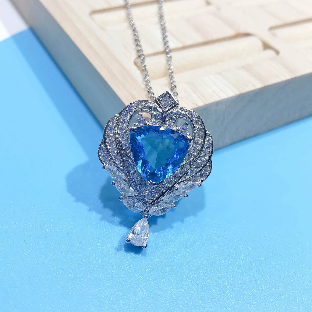 Silver Vintage Angel Wings Lab Sapphire Pendant Necklace