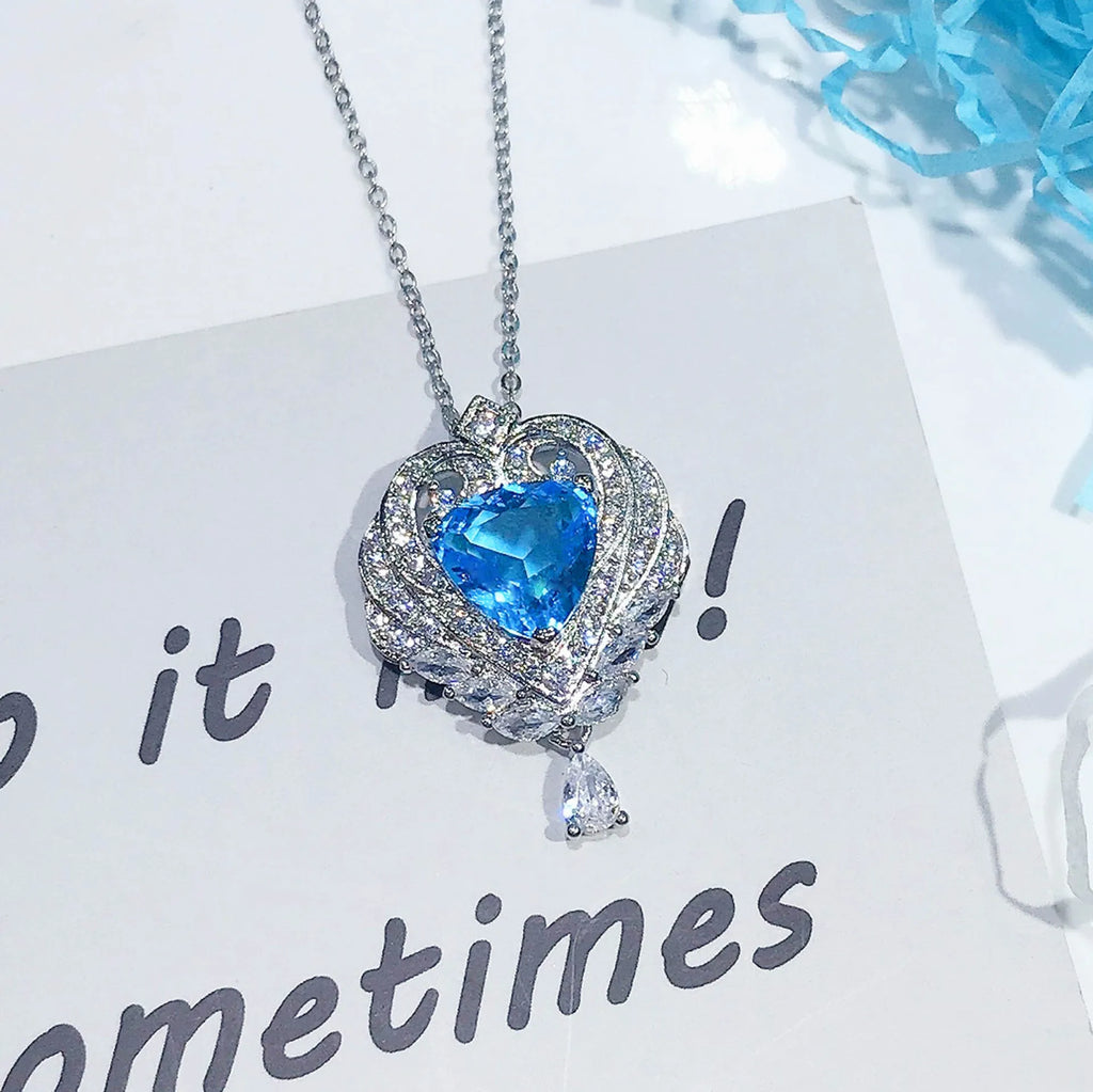 Silver Vintage Angel Wings Lab Sapphire Pendant Necklace