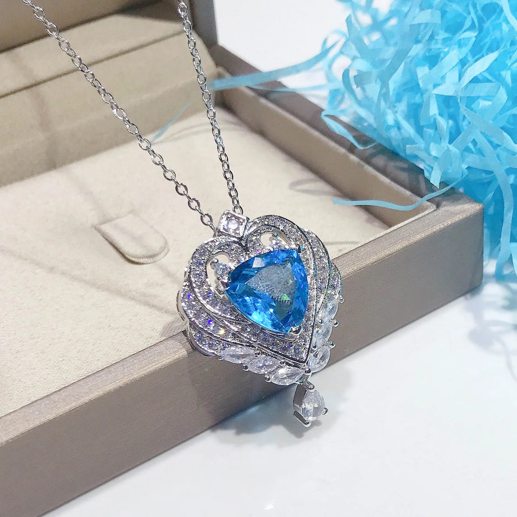 Silver Vintage Angel Wings Lab Sapphire Pendant Necklace