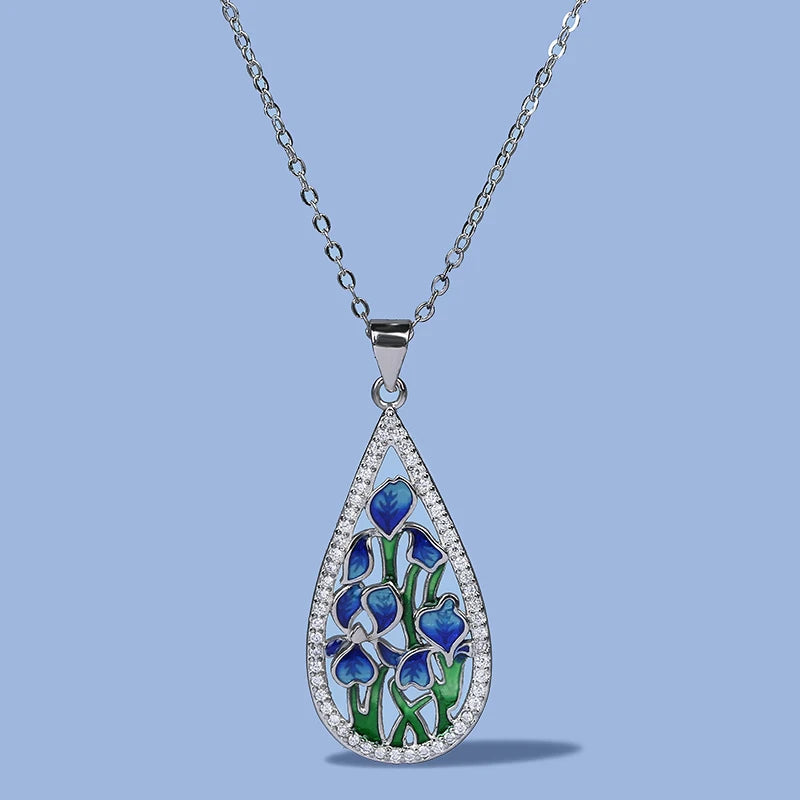 Silver Flower Pendant Necklace Enamel Wedding Jewelry