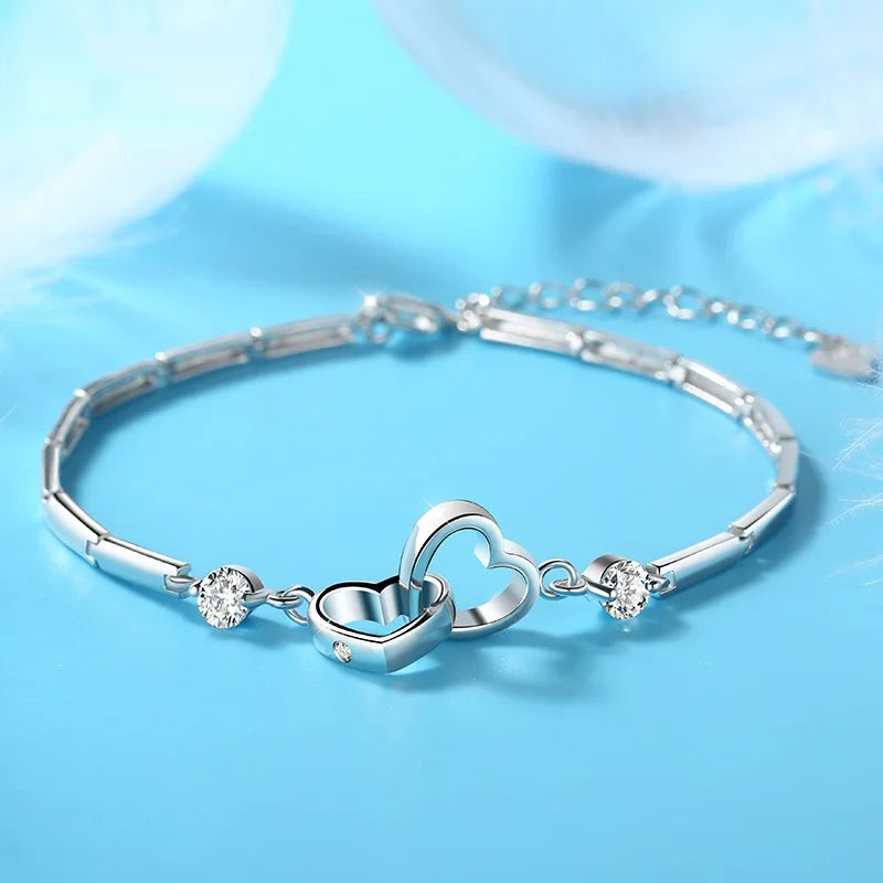 Silver Zircon Heart Charm Bracelet for Women Party Jewelry