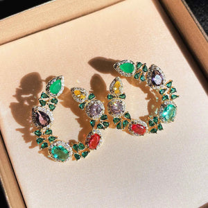 Silver Colorful Circle Green Zircon Earrings for Women Engagement Bride