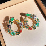 Silver Colorful Circle Green Zircon Earrings for Women Engagement Bride