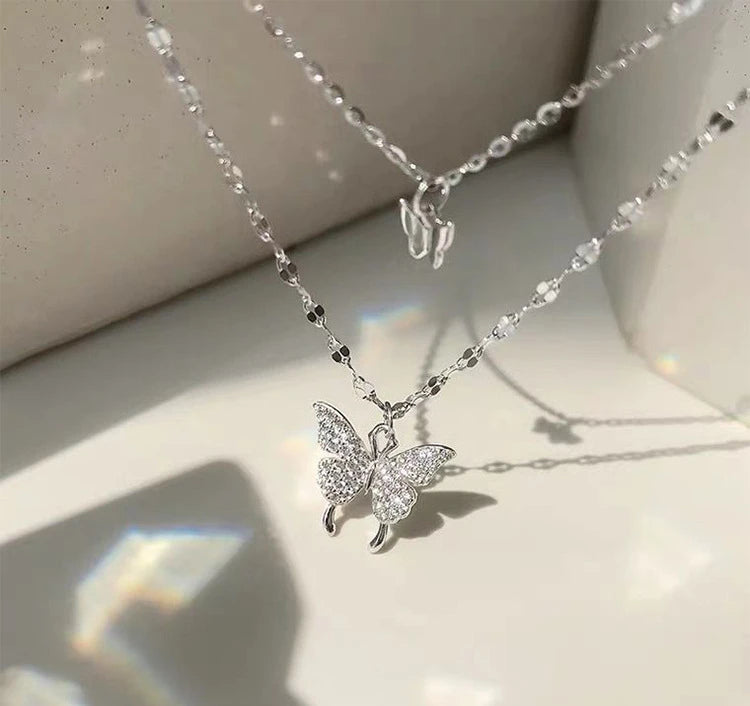 Silver Butterfly Necklace Double Layer Pendant Clavicle Chain for Women
