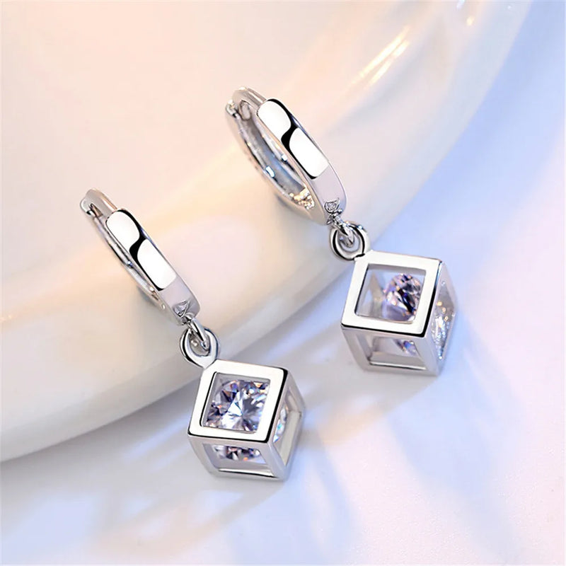 Silver Square Zircon Wedding Party Hoops Earrings