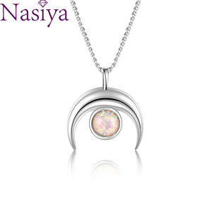 925 Silver Opal Moon Pendant Necklace Romantic Jewelry Gift