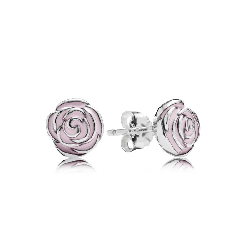 925 Sterling Silver Rose Petal Stud Earrings Pink Enamel Women Jewelry