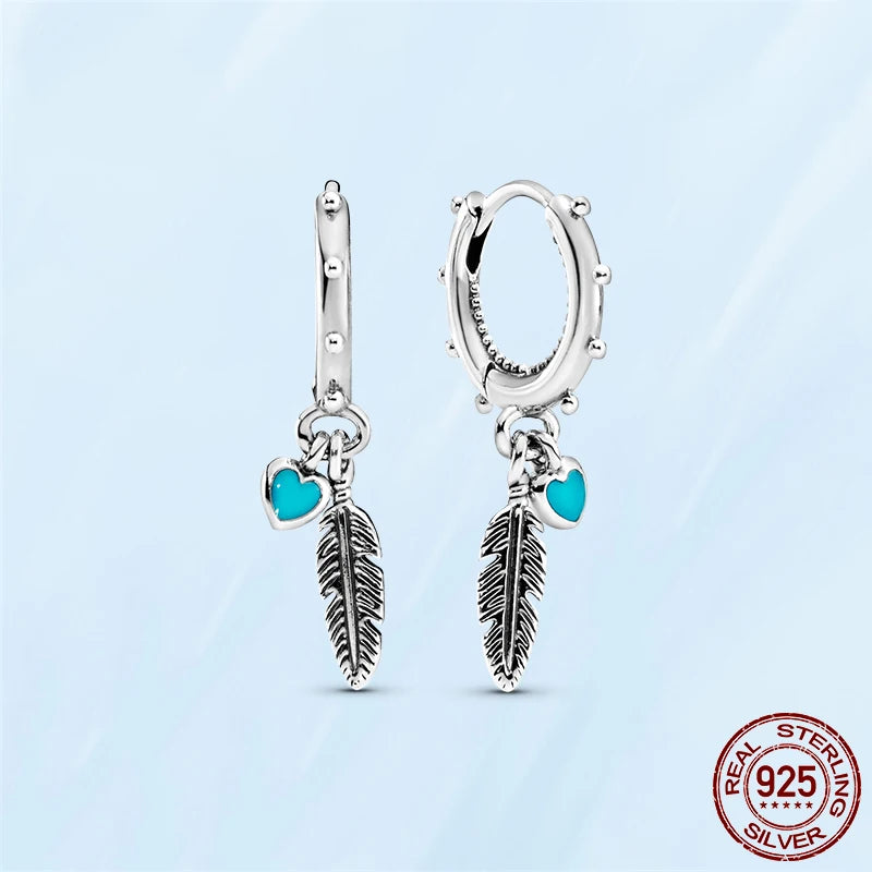 925 Silver Turquoise Hearts & Feather Hoop Earrings for Women