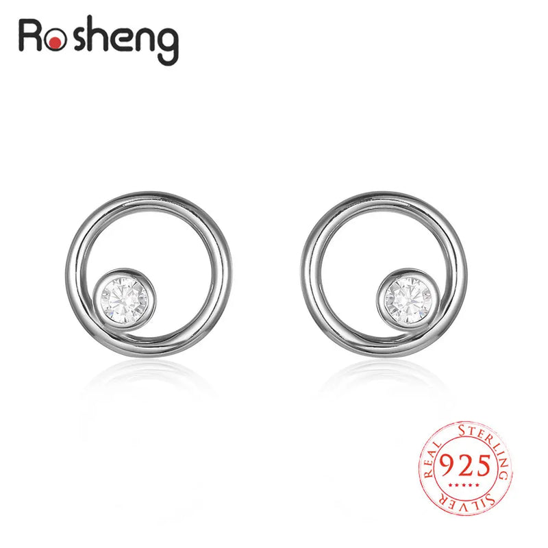 925 Silver CZ Stud Earrings Geometric Hollow Circle Style