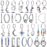 925 Sterling Silver Pave CZ U Heart Zircon Round Hoop Star Moon Earrings