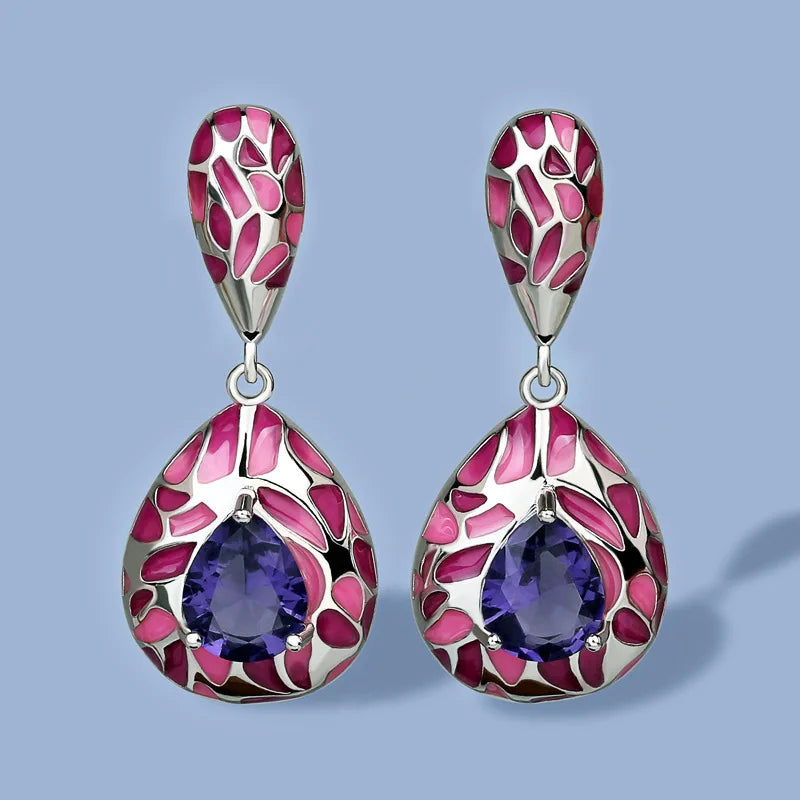 925 Silver Plated Purple Stone CZ Enamel Earrings