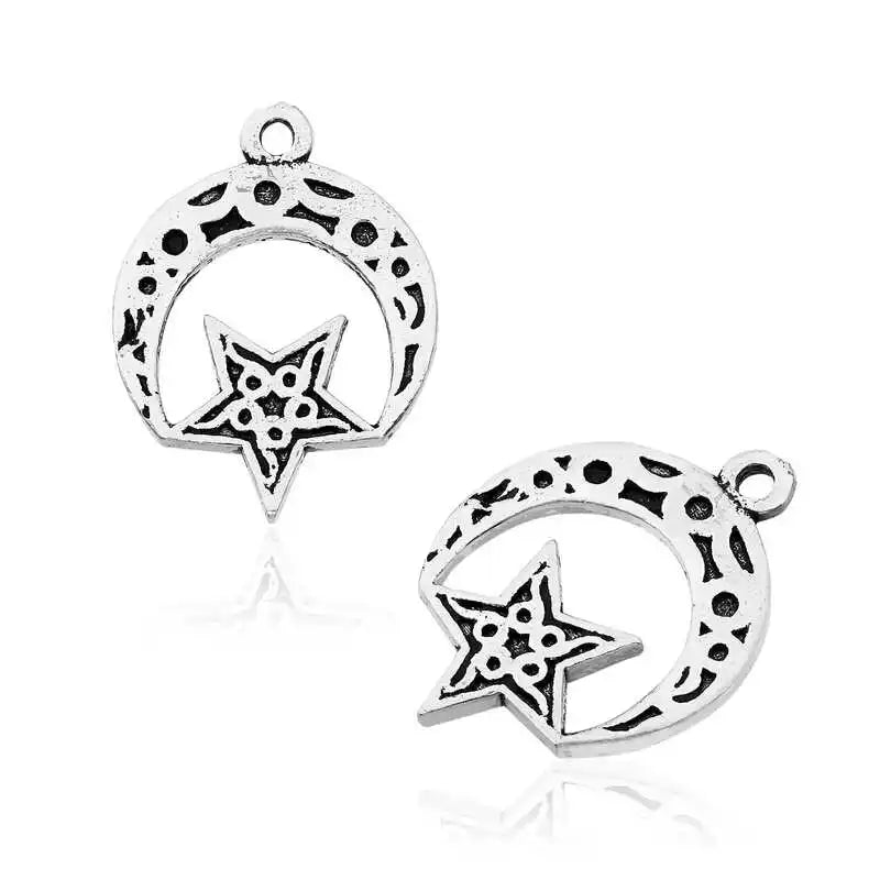 Silver Engraved Moon Star Prayer Beads Tassel Necklace