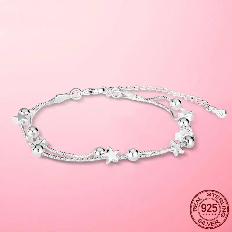 925 Silver Star Beaded Chain Link Bracelet for Women