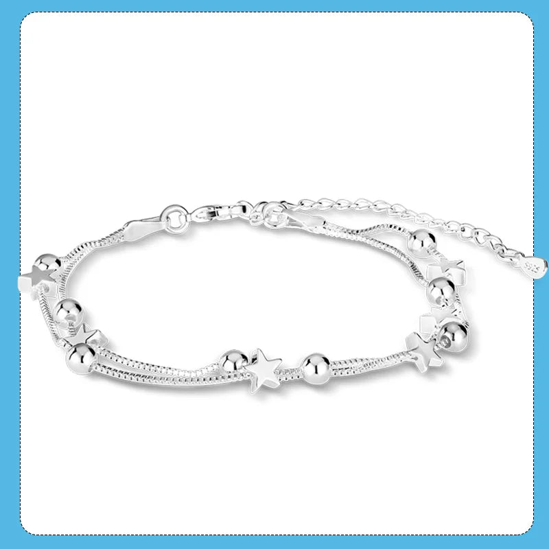 925 Silver Star Beaded Chain Link Bracelet for Women