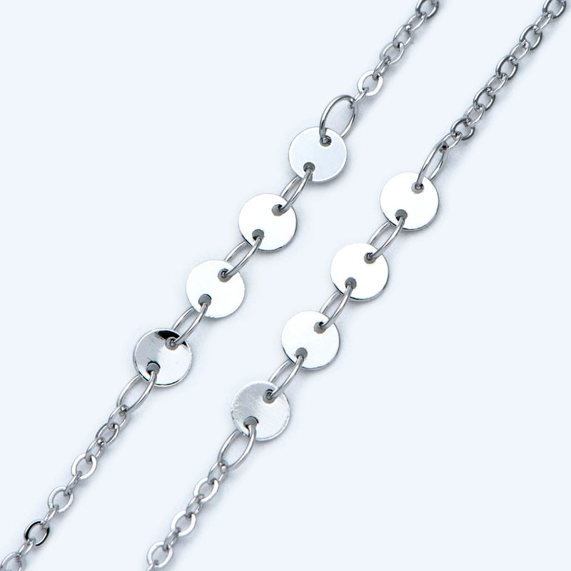 Rhodium Plated Geometric Cable Chain with Round Disc 4mm