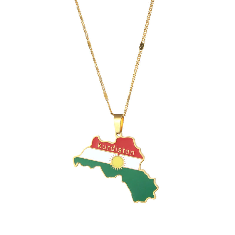 Silver Enamel Kurdistan Region Maps Pendant Necklace Kurdish Flag Neck Chain Jew