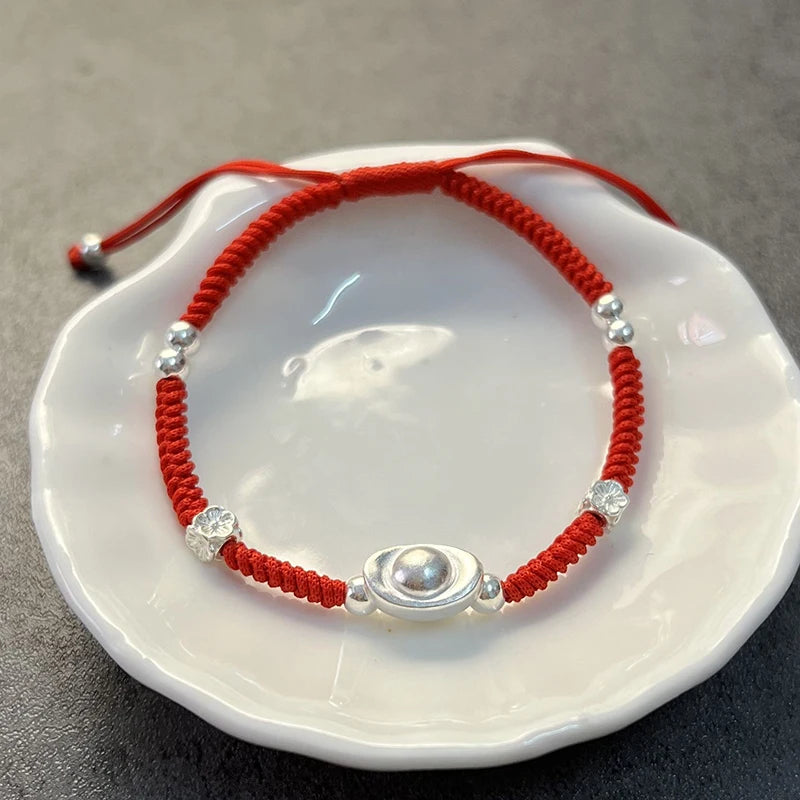 Silver Ingot Charm Bracelet 925 Silver Red Thread Statement Bracelet