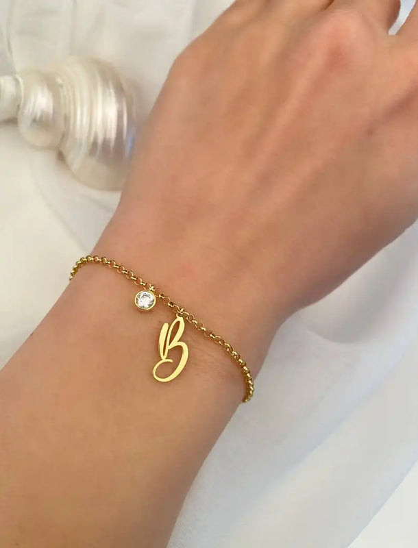 Silver Initial Birthstone Bracelet Personalized Initial B