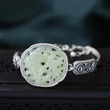 Silver Inlaid Hetian Jade Hollow Flower Bracelet - Retro Chinese Style