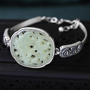 Silver Inlaid Jade Flower Bracelet Chinese Style Women's Accessories