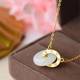 Silver Inlaid Hetian Jade Double Ring Pendant Necklace Charm Jewelry