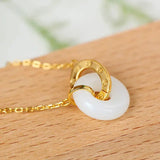 Silver Inlaid Hetian Jade Double Ring Pendant Necklace Charm Jewelry