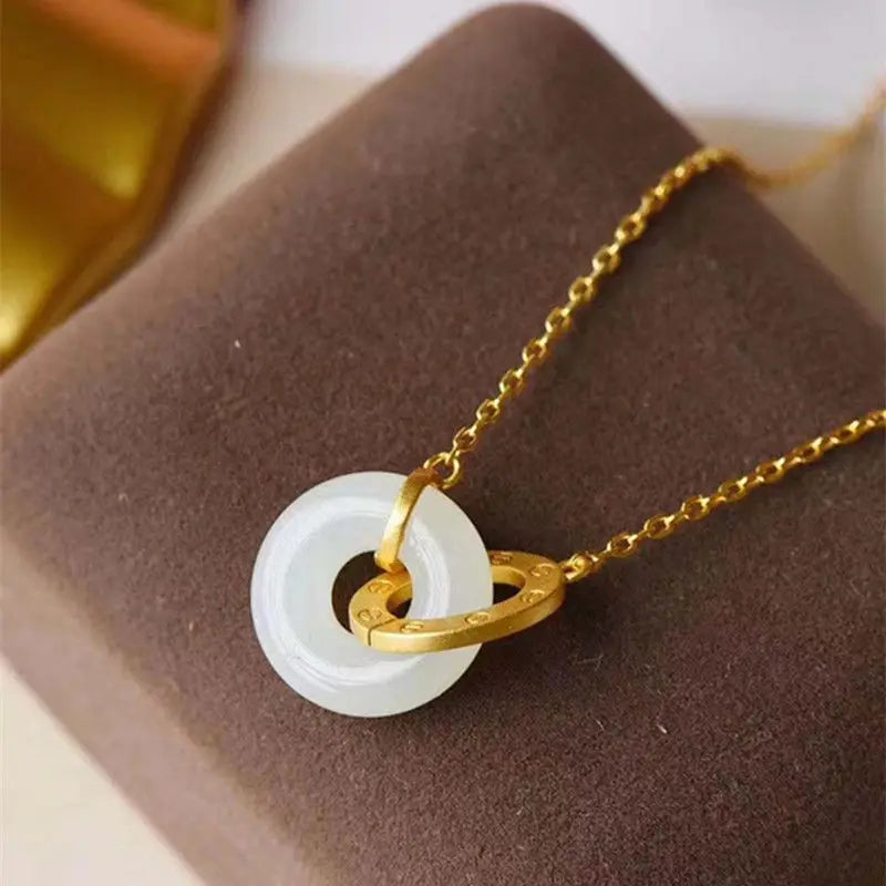Silver Inlaid Hetian Jade Double Ring Pendant Necklace Charm Jewelry