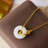 Silver Inlaid Hetian Jade Double Ring Pendant Necklace Charm Jewelry
