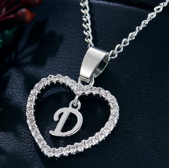 Initials Heart Pendant Necklace Zircon Love Girls First Letter Jewelry