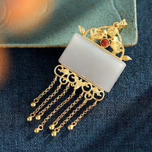Silver Hetian Jade Tassel Necklace, Chinese Ancient Sand Craft Charm Jewelry
