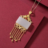 Silver Hetian Jade Tassel Necklace, Chinese Ancient Sand Craft Charm Jewelry
