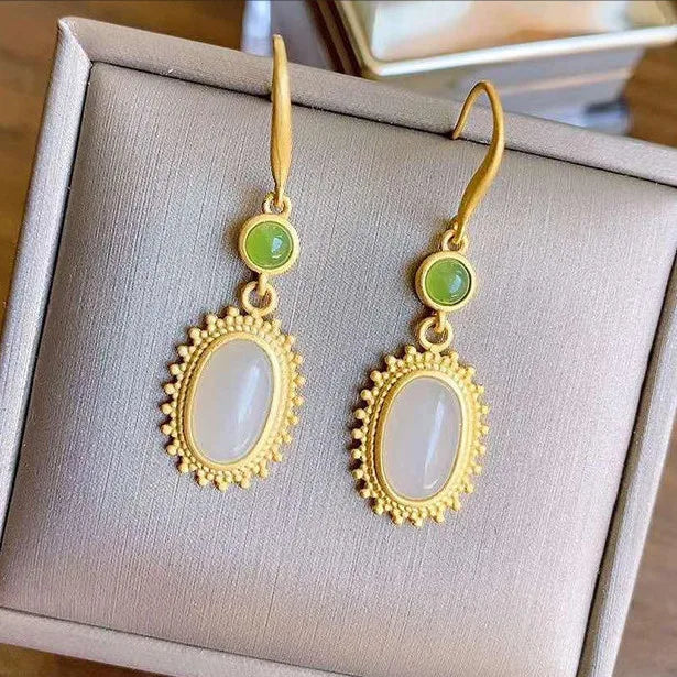 Silver Natural Hetian Jade Earrings Chinese Retro Charm Women's Jewelry