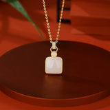 Hetian Jade Square Jade Necklace Retro Chinese Style Silver Necklace