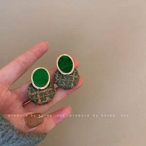 Silver Needle Fabric Green Circle Earrings Hong Kong Style Retro Ear Studs