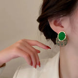 Silver Needle Fabric Green Circle Earrings Hong Kong Style Retro Ear Studs