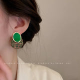 Silver Needle Fabric Green Circle Earrings Hong Kong Style Retro Ear Studs