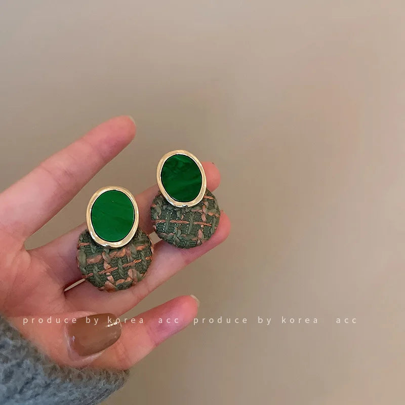Silver Needle Fabric Green Circle Earrings Hong Kong Style Retro Ear Studs