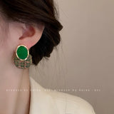 Silver Needle Fabric Green Circle Earrings Hong Kong Style Retro Ear Studs