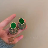 Silver Needle Fabric Green Circle Earrings Hong Kong Style Retro Ear Studs
