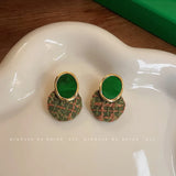Silver Needle Fabric Green Circle Earrings Hong Kong Style Retro Ear Studs