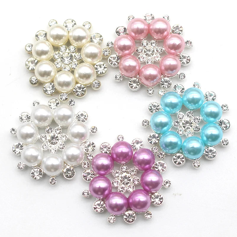 10Pcs 27mm Pearl Flower Buttons Rhinestone Crystal Decoration Accessories