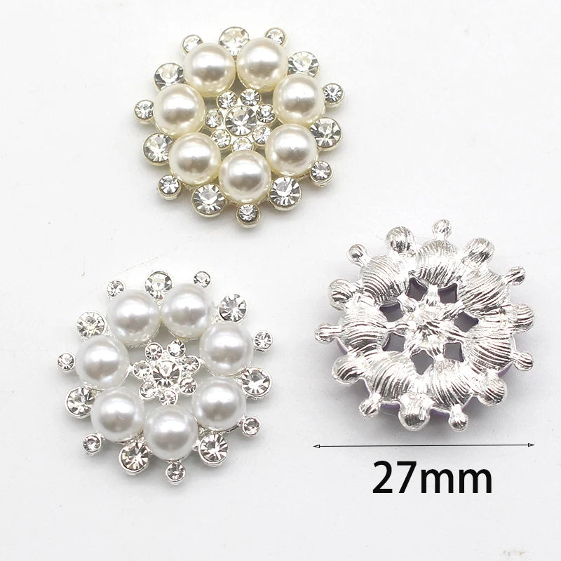 10Pcs 27mm Pearl Flower Buttons Rhinestone Crystal Decoration Accessories