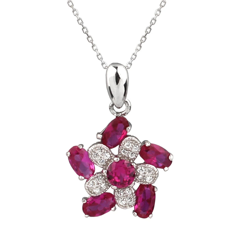 925 Sterling Silver Pendant Necklace Flower Windmill Red CZ 18inch Chain