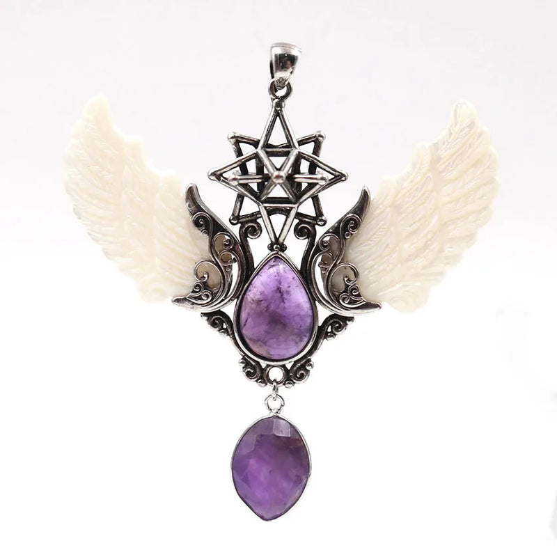 Silver Plated Amethysts Layer Water Drop Pendant with Angel Wing