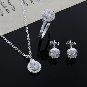 Crystal Jewelry Set for Women - Silver Plated Earrings, Necklace, and Ring