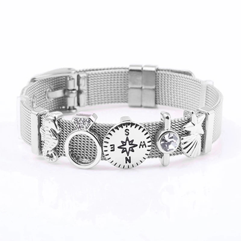 Silver Plated 10mm Mesh Bracelet With Starfish & Seahorse Charms